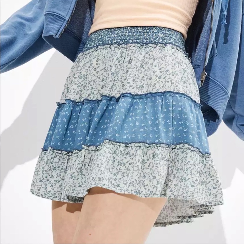 American Eagle Outfitters Blue Smocked Skater Mini Skirt, Lined, sz XS